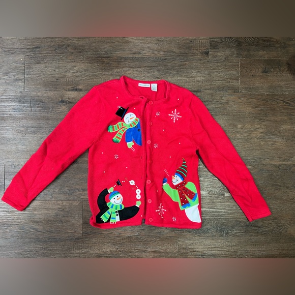 Size medium Rebecca Malone red button down snowman Christmas sweater. Festive! - Picture 1 of 4